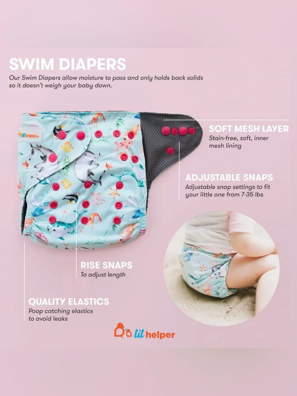 Adjustable Pink Cloth Swim Diaper - Reusable